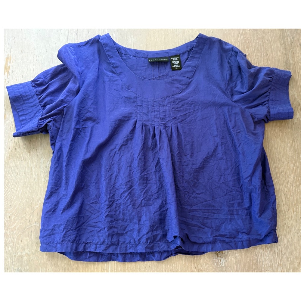 Apostrophe Royal Blue Silk Cotton Blend Pintuck Pleated Short Sleeve Blouse L
